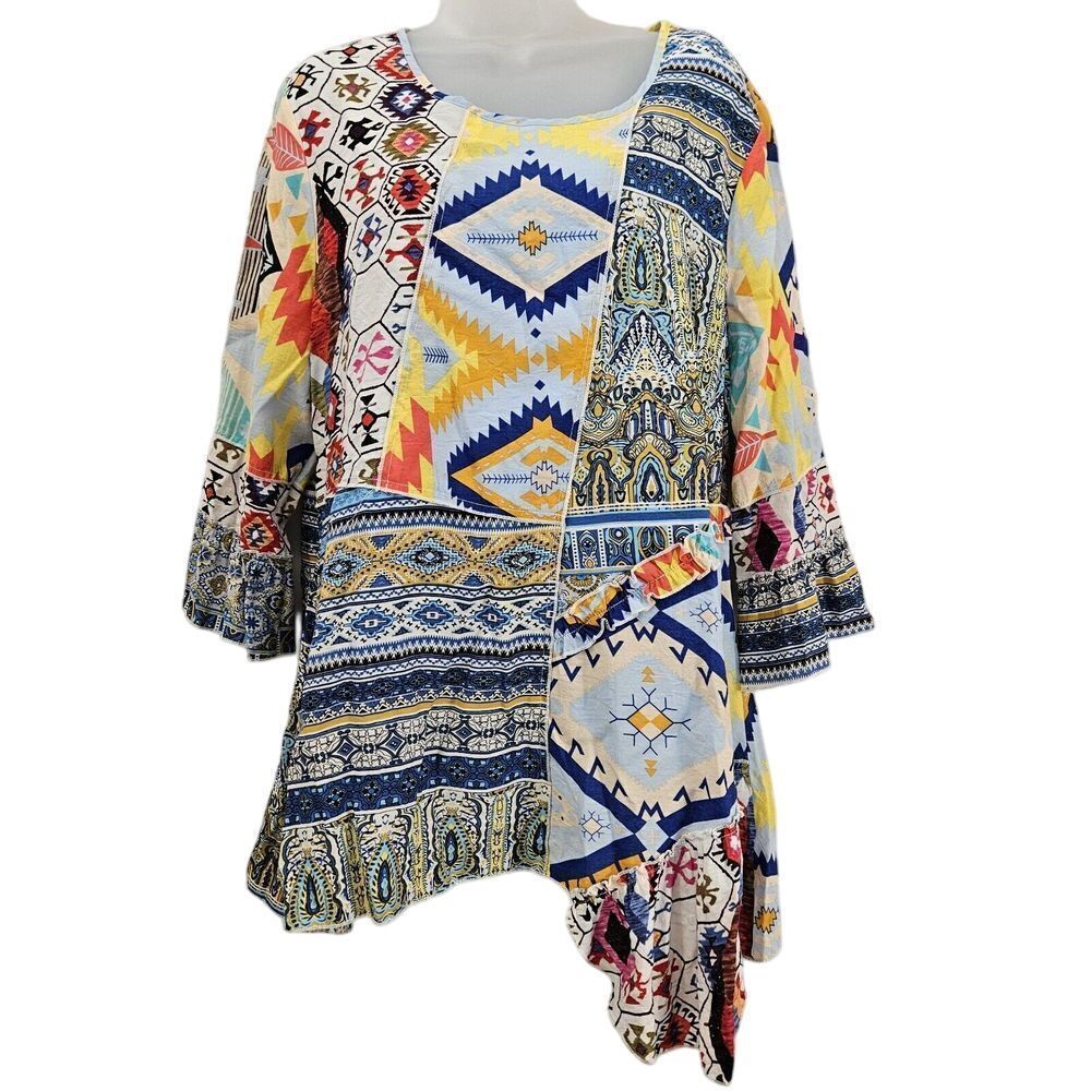 Calessa Top Womens 2X Multicolor Geometric Abstract Print Artsy Tunic Boho Lagen